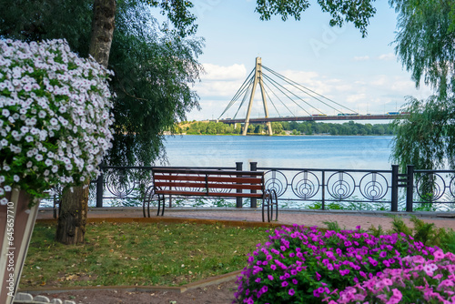 View of the modern green Natalka park and the embankment of the Dnipro river, Kyiv, Ukraine
 photo