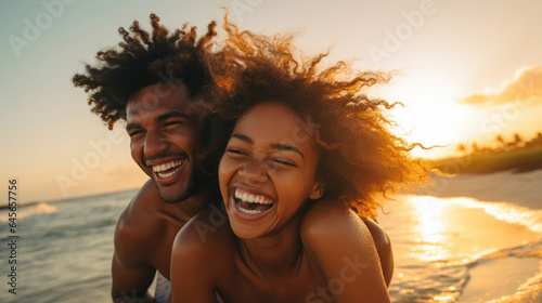 Black couple, travel and beach fun while laughing on sunset nature adventure and summer vacation or honeymoon with a piggy back ride. Comic, energy and black man and woman love on ocean holiday © Sasint