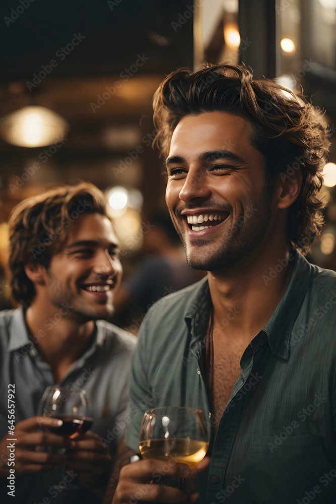 Attractive man laughs at friend while talking, enjoying sundowner drinks wine casual party, smirking. Image created using artificial intelligence.