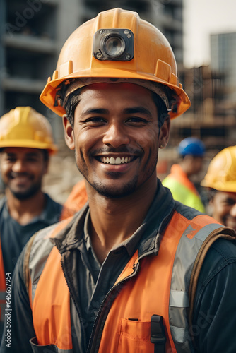 Happy of team construction worker working at construction site. Smiling construction worker in hard hat in group with a smile. Image created using artificial intelligence.