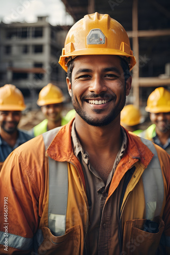 Happy of team construction worker working at construction site. Smiling construction worker in hard hat in group with a smile. Image created using artificial intelligence.