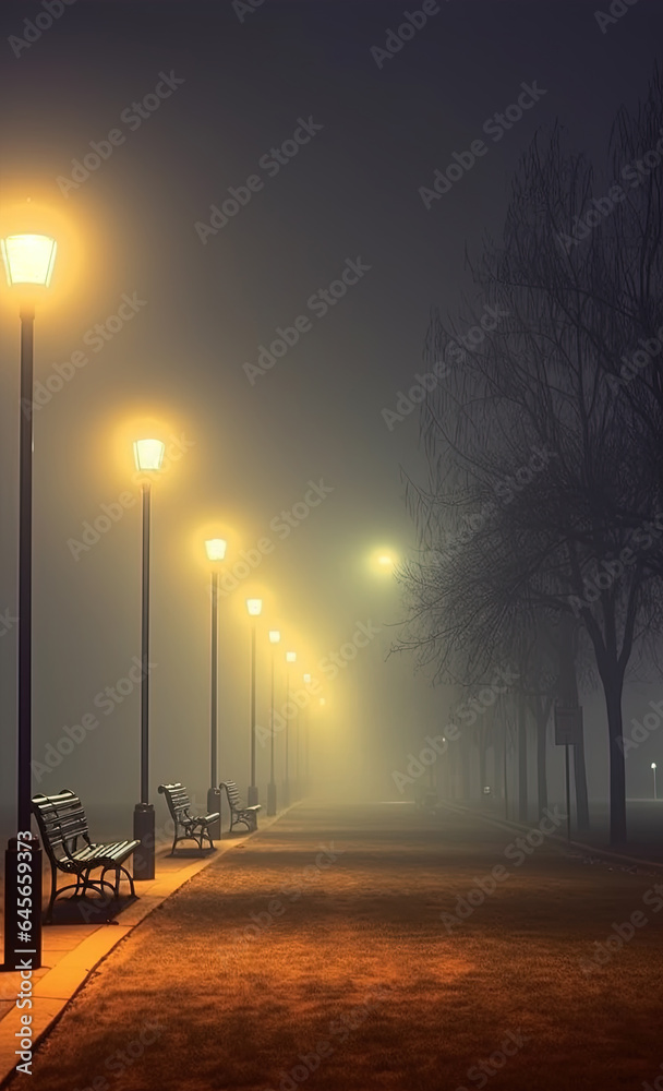 Empty Park Benches at Night With Classic Street Lamps in Foggy Sky