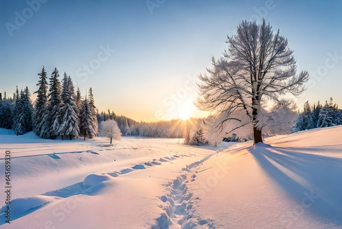 winter landscape with snow covered trees © baseer