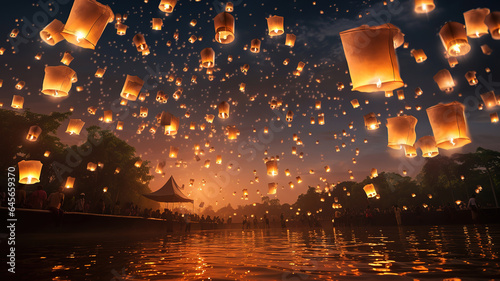 Traditional fire lanterns being released into the night sky. Generative Ai
