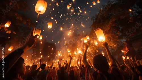 Loy krathong festival, thai new year party with floating lanterns. Generative Ai photo