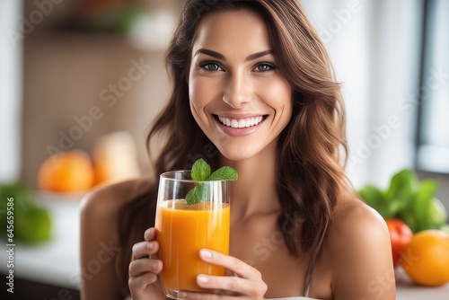 woman drinking orange juice in kitchen