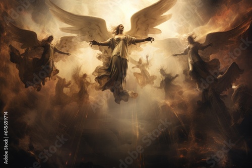 Angels and religious figures in a dramatic, heavenly scene with clouds and light.