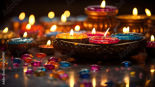 Image of candle lanterns on carpet for Diwali. Generative Ai