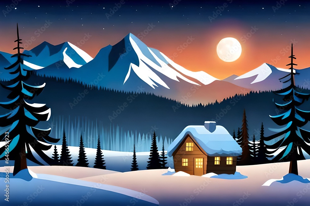 winter landscape with house and mountains