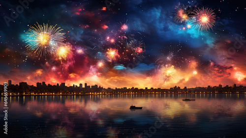 Realistic illustration with glowing colorful fireworks on dark sky. Generative Ai