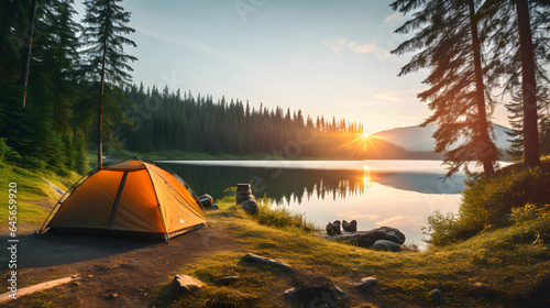 Serene Camping Scene by a Tranquil Lake - Ideal for Outdoor Adventure and Travel Product Promotions, Nature Exploration, and Relaxing Getaways