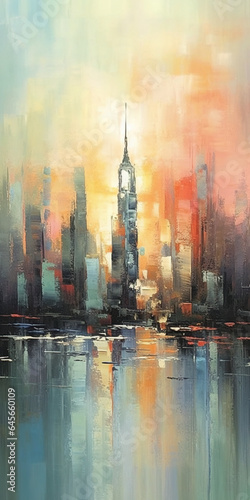 City View with Skyline Reflections on Water in Style of Pastel Colors Enchanted Luminous Brushstrokes