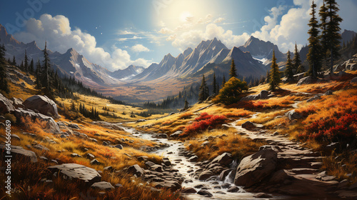 Floating River Beautiful Mountains and Autumn Trees Under Blue Sky © Image Lounge