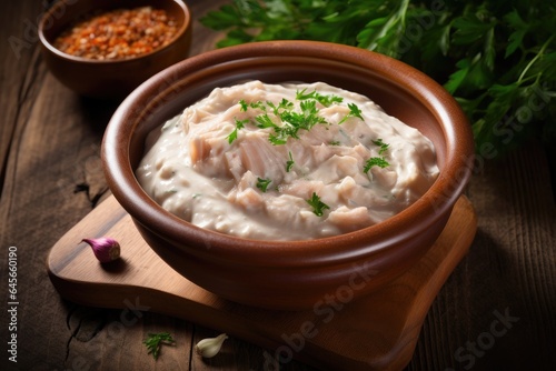 A bowl of creamy fish spread garnished with parsley and garlic, on a wooden cutting board.