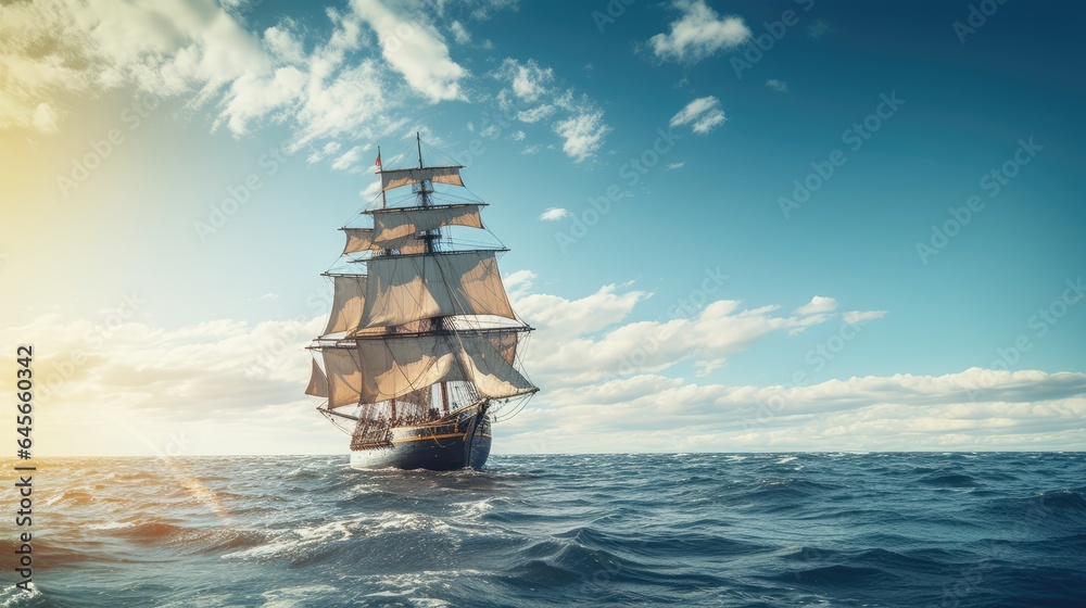 Sailing ship in the middle of the sea, AI generated Image