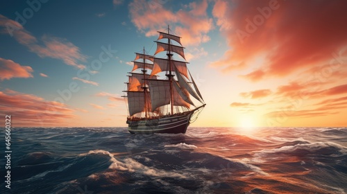 Sailing ship in the middle of the sea, AI generated Image © musa