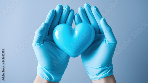 Close-up, male hands in blue medical gloves form a heart shape. Generative Ai