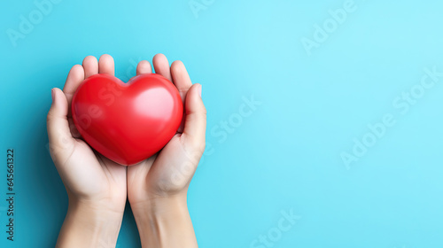 Female hand give red heart to male hand on blue space close-up. Generative Ai