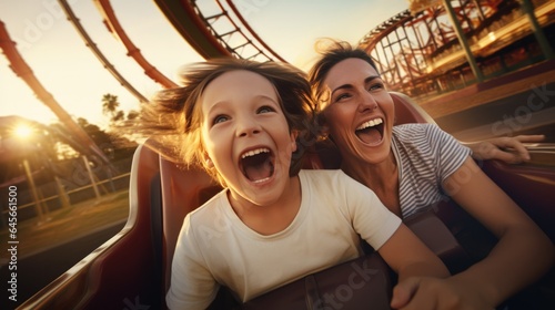 Happy mother and son riding a rollercoaster at an amusement park.