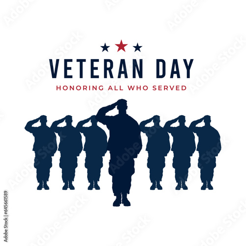 Veteran day honor logo background. US army soldiers salute silhouette. Vector greeting design illustration.