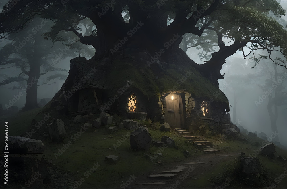 Beautiful and atmospheric illustration with spooky witch house. Night forest, horror mood. Empty space for character. Cinematic, volumetric light, realistic environment