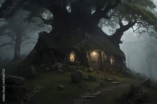 Beautiful and atmospheric illustration with spooky witch house. Night forest, horror mood. Empty space for character. Cinematic, volumetric light, realistic environment