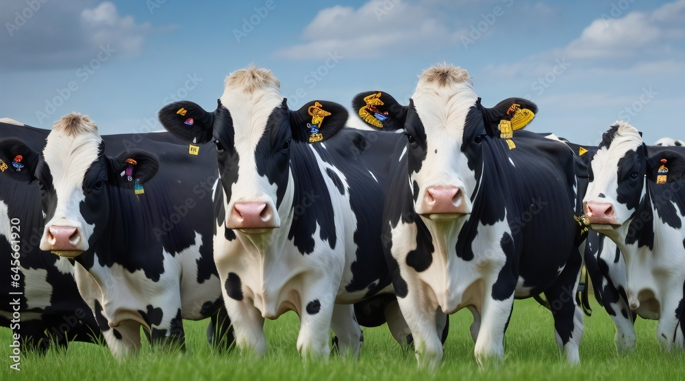 Group of black and white cows in a grassy field on a sunny day