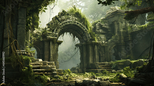 An overgrown ruin or temple reclaimed by nature. AI generative © SK