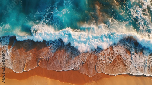 Aerial View of Beachscape white Sand Beach Surrounded by Crystal-Clear Turquoise Waves