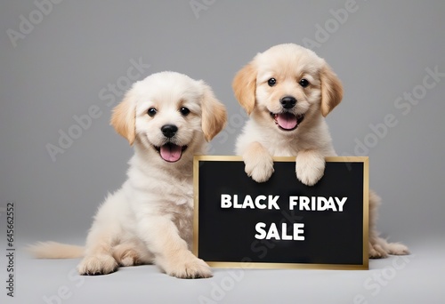 Funny puppy with black friday banner, concept of discounts and sales, on a light background