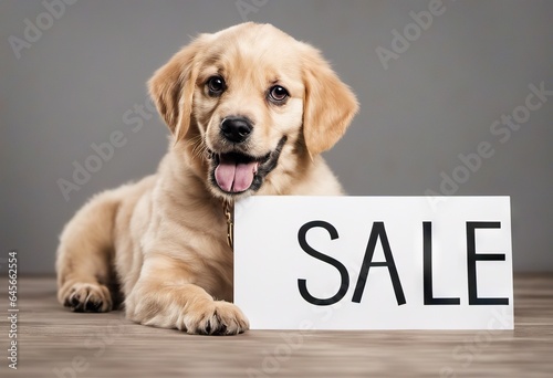 Funny puppy with banner with text sale for your advertising, mockup, concept of discounts and sales, on a light background © Екатерина Переславце