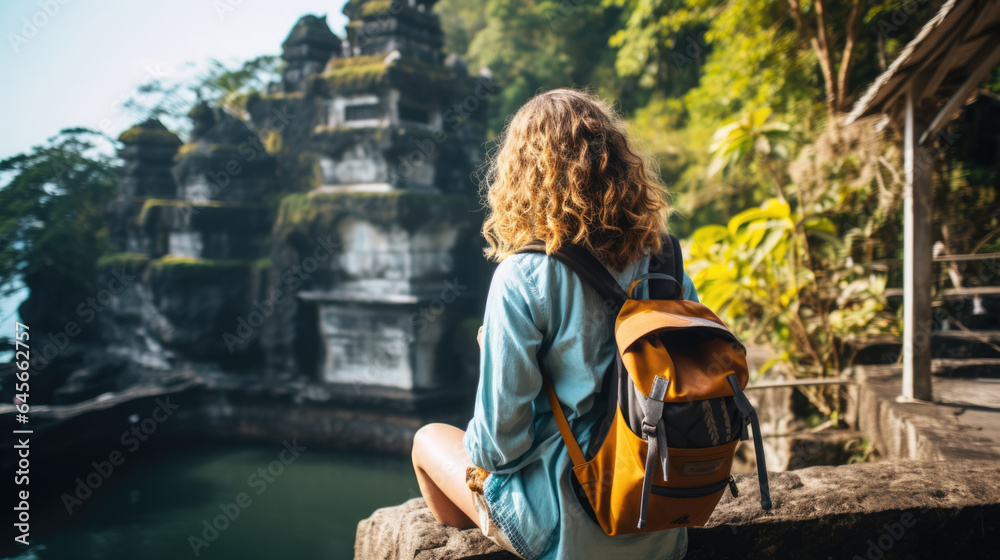 Woman with backpack exploring Bali, Indonesia.
