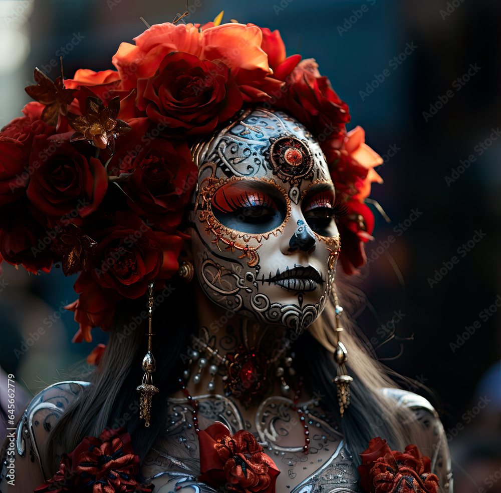 Day of The Dead Sugar Skull Mask. Carnival Day. Red Sugar Skull Woman. Skull Woman Portrait. Sugar Skull Face. Generative AI. 