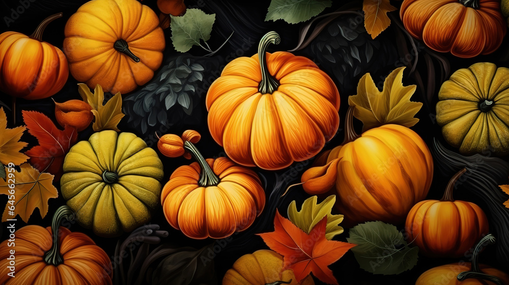 Autumn cozy seamless pattern with pumpkins and leaves. Generative Ai Autumn cozy seamless pattern with pumpkins and leaves. Generative Ai