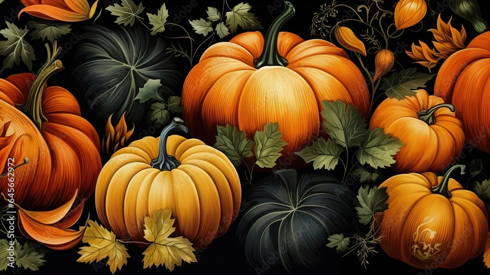 A seamless pattern with pumpkins, gourds, berries, and other autumnal items. Generative Ai