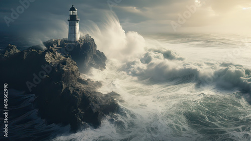 An old lighthouse on a cliff with raging waves below. AI generative