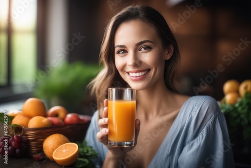 woman drinking orange juice in kitchen