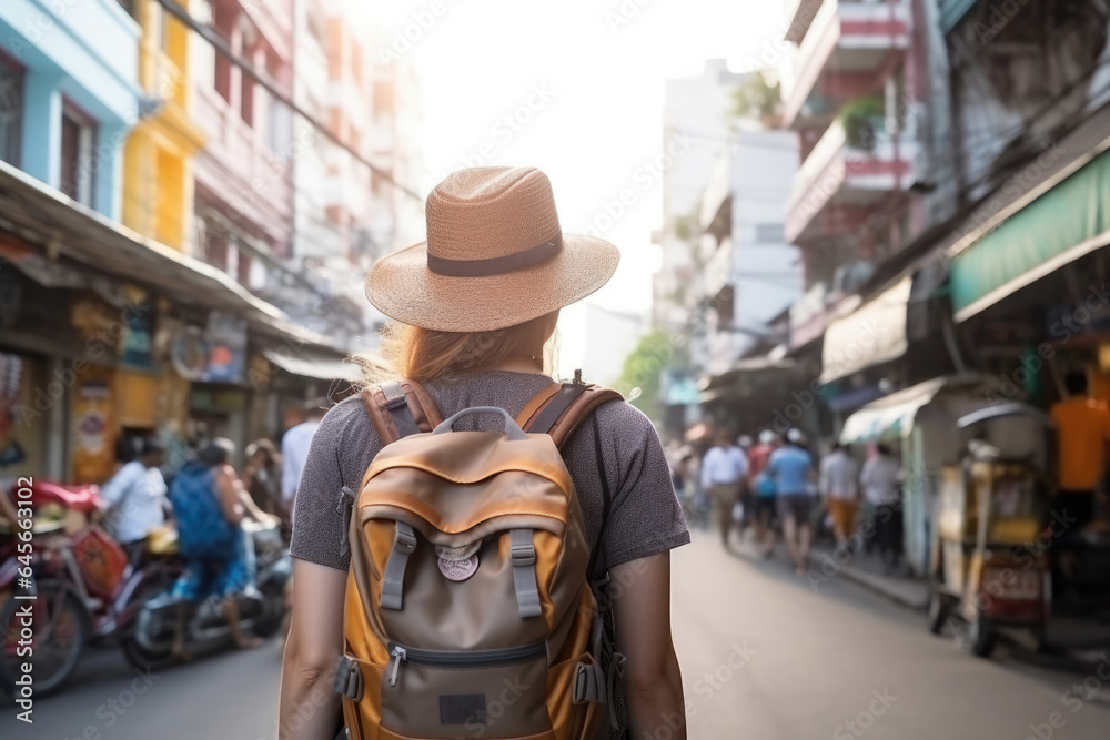 Young Asian traveling backpacker in Khaosan Road outdoor market in Bangkok, Thailand