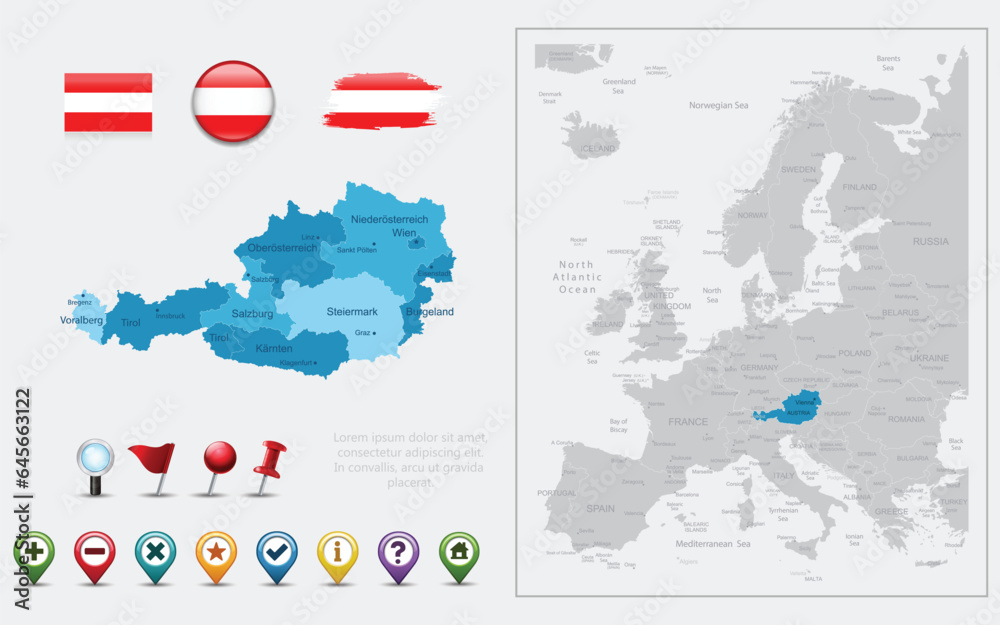 Obraz premium Austria map, flag and navigation icons. Vector illustration