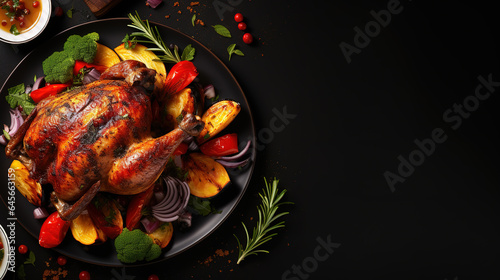 Delicious roasted whole chicken or turkey on plate with cutlery and sauce. Generative Ai