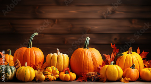 Festive autumn decor of pumpkins, on wooden table, Wide banner concept. Generative Ai
