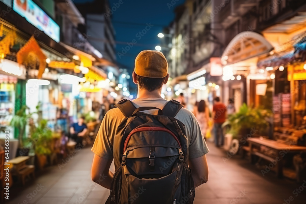 Young Asian traveling backpacker in Khaosan Road outdoor market in Bangkok, Thailand - obrazy, fototapety, plakaty 