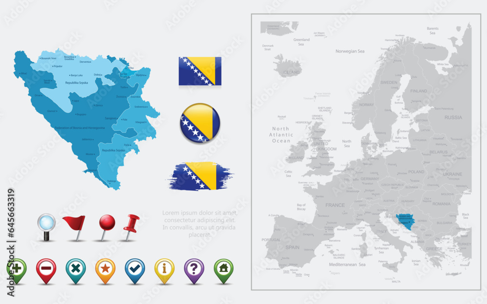 Obraz premium Bosnia and Herzegovina map, flag and navigation icon. Vector illustration