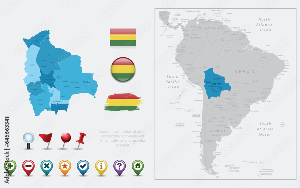 Bolivia map, flag and navigation icons. Vector illustration