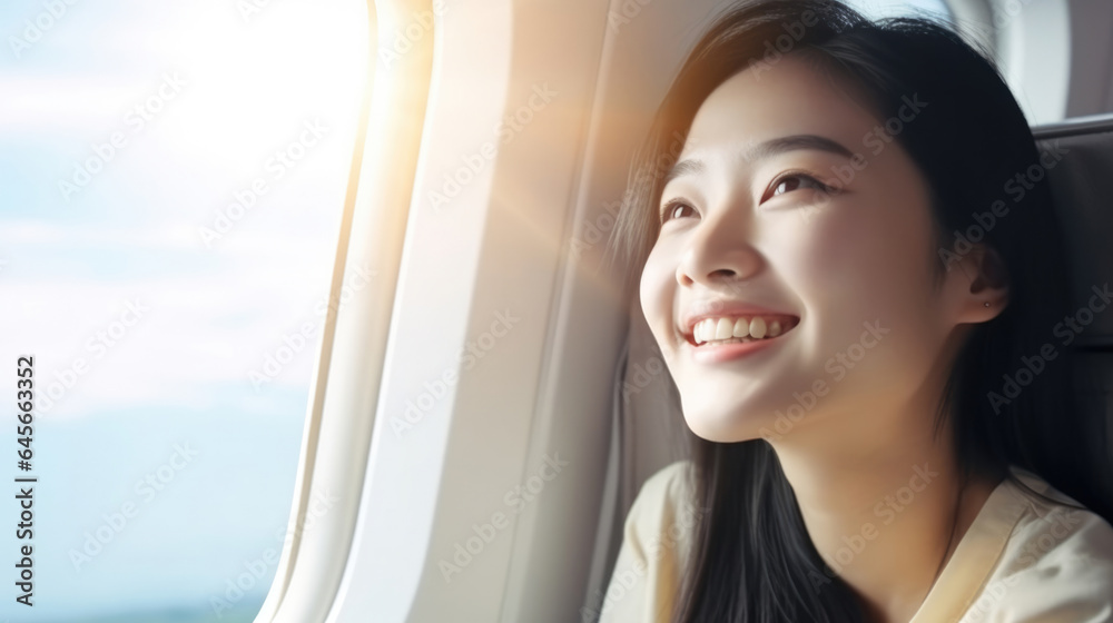 Young Asian woman traveler looking view at window in airplane with happiness and relaxing