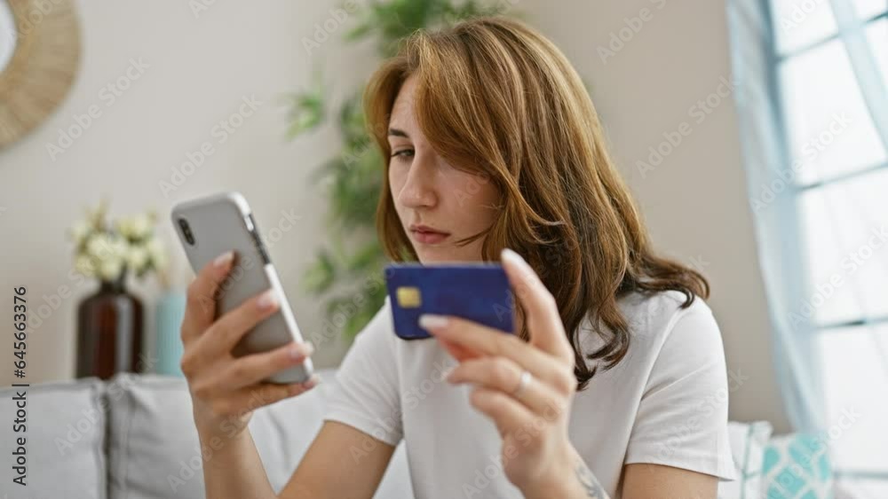Young woman shopping with smartphone and credit card sitting on sofa at home Young woman shopping with smartphone and credit card sitting on sofa at home