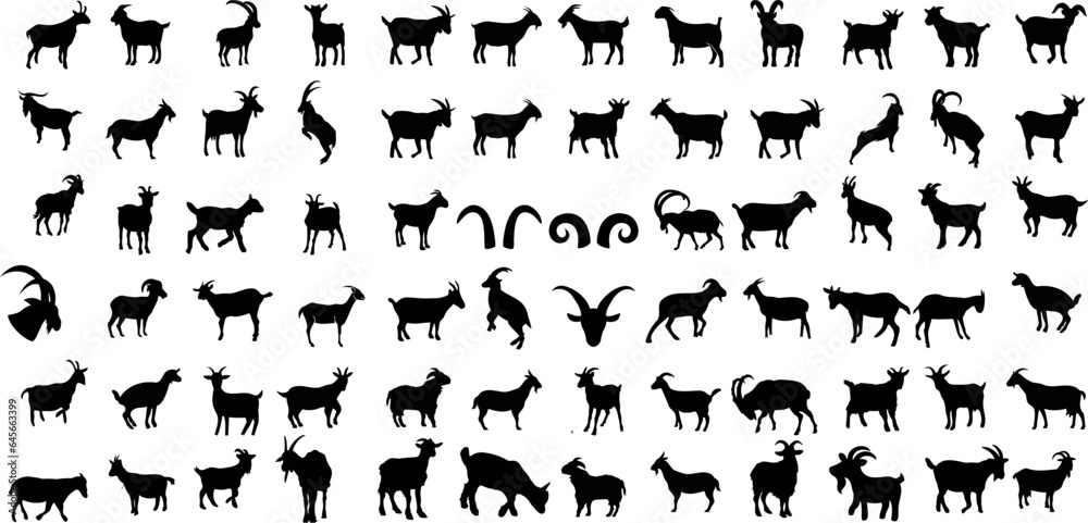 Goat Vector Illustration Collection - A stunning black and white collection of various goat silhouettes. Perfect for farm, nature, and animal-themed designs.