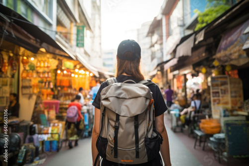 Young Asian traveling backpacker in Khaosan Road outdoor market in Bangkok, Thailand © Sasint