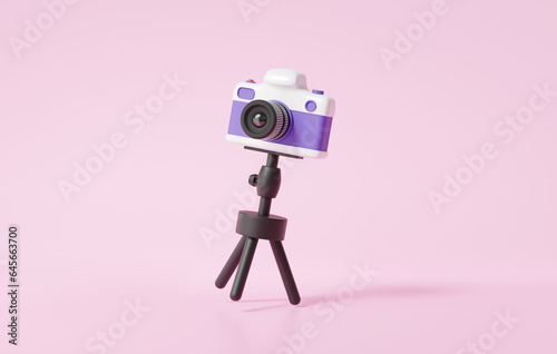 Vintage camera icon symbol with tripod floating on pink background. memo image memory travel photography concept. vlog creative content video cartoon minimal style, copy space. 3d render illustration photo