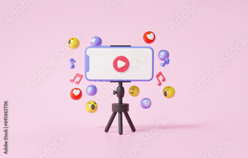 Social media mobile phone camera live streaming multimedia media emoji vlog creative content video on smartphone. passive income concept. make money, copy space, 3d render illustration photo